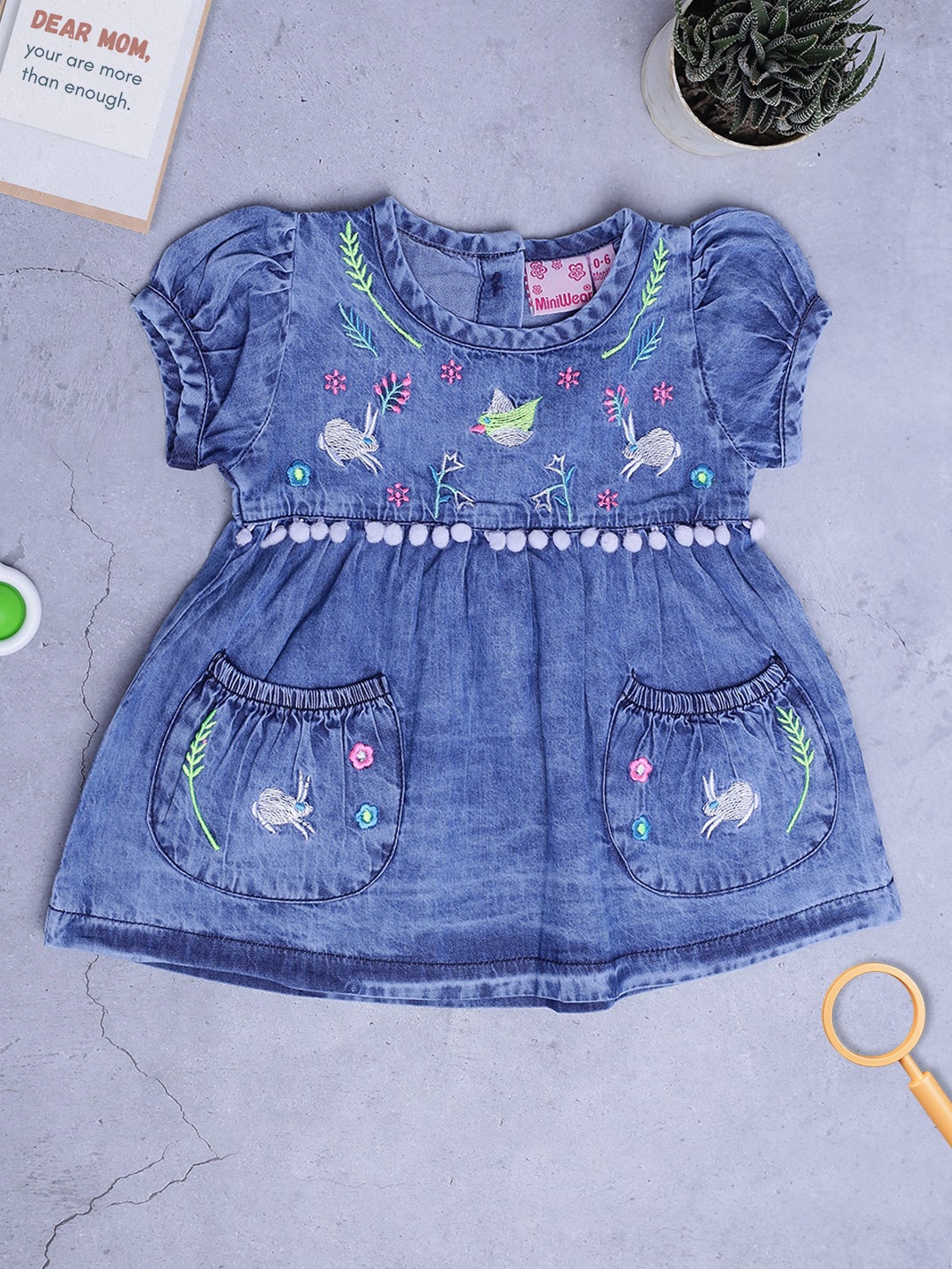 

V-Mart Infant Girls Conversational Embroidered Cotton Pom Pom Fit & Flare Dress, Blue