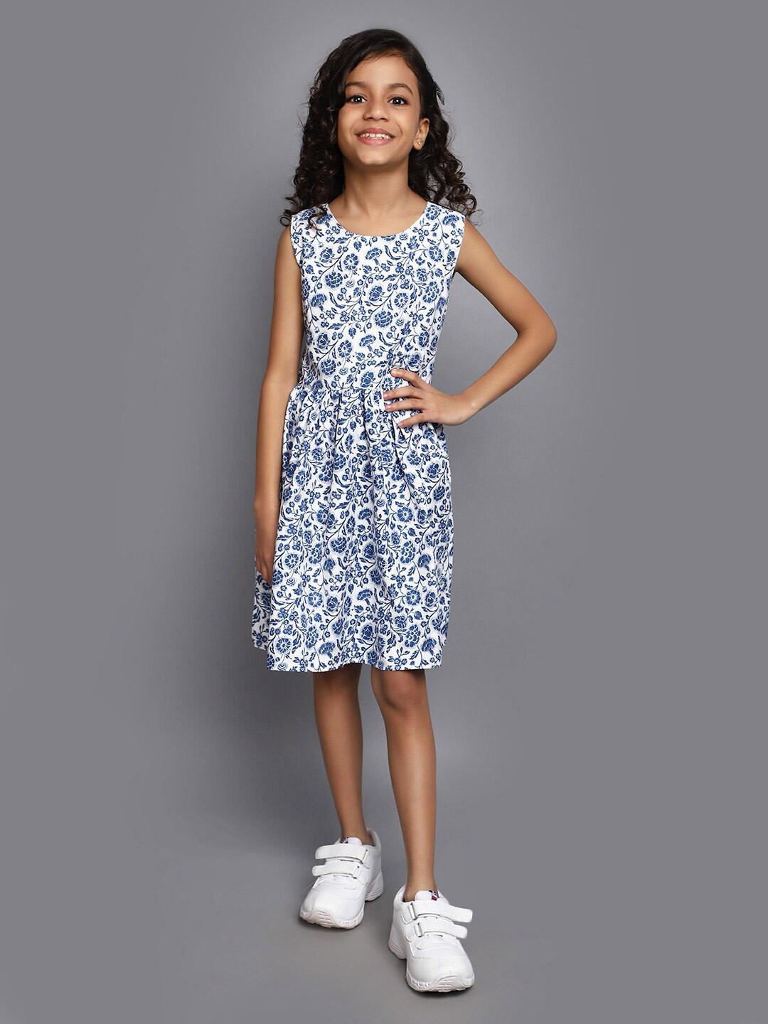 

V-Mart Girls Floral Printed Sleeveless Cotton Fit & Flare Dress, White