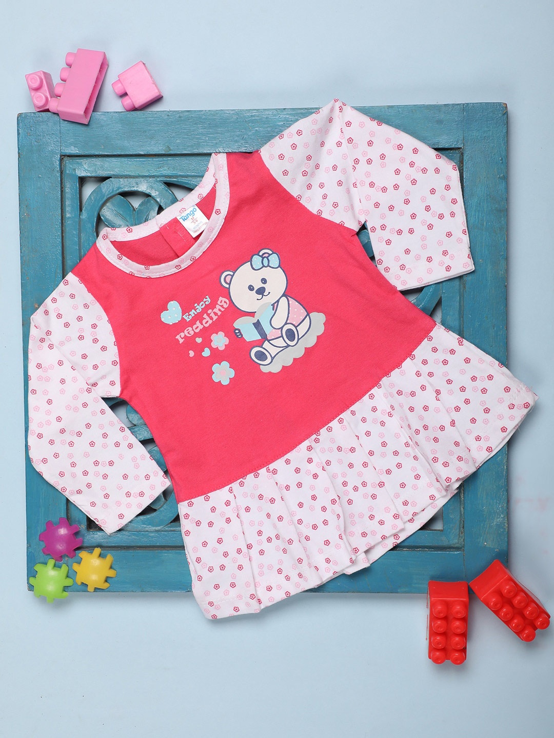 

V-Mart Infant Girls Floral Printed Long Sleeves Cotton A-Line Dress, Pink