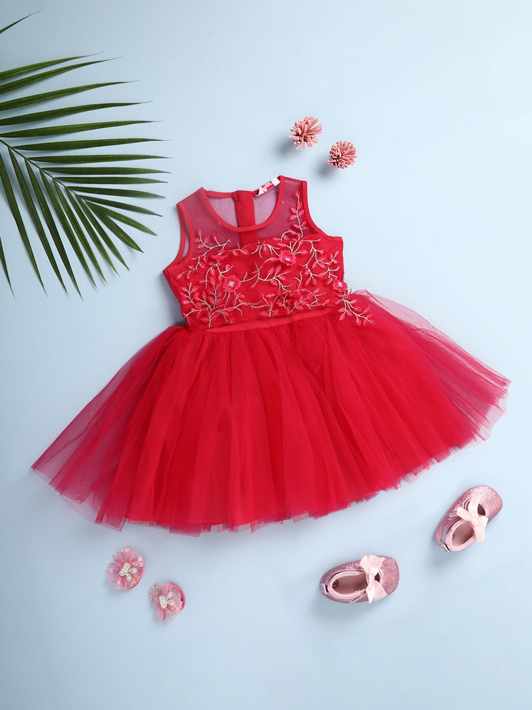 

V-Mart Embroidered Sleeveless Fit & Flare Dress, Fuchsia