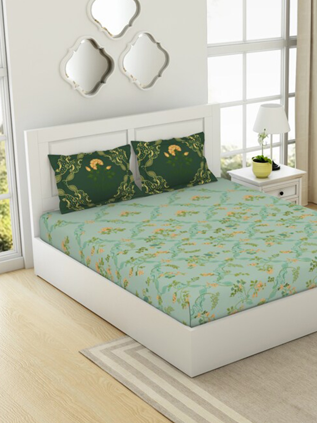 

SPACES Lattice Sea Green Pure Cotton 144 TC Super King Fitted Bedsheet & 2 Pillow Covers