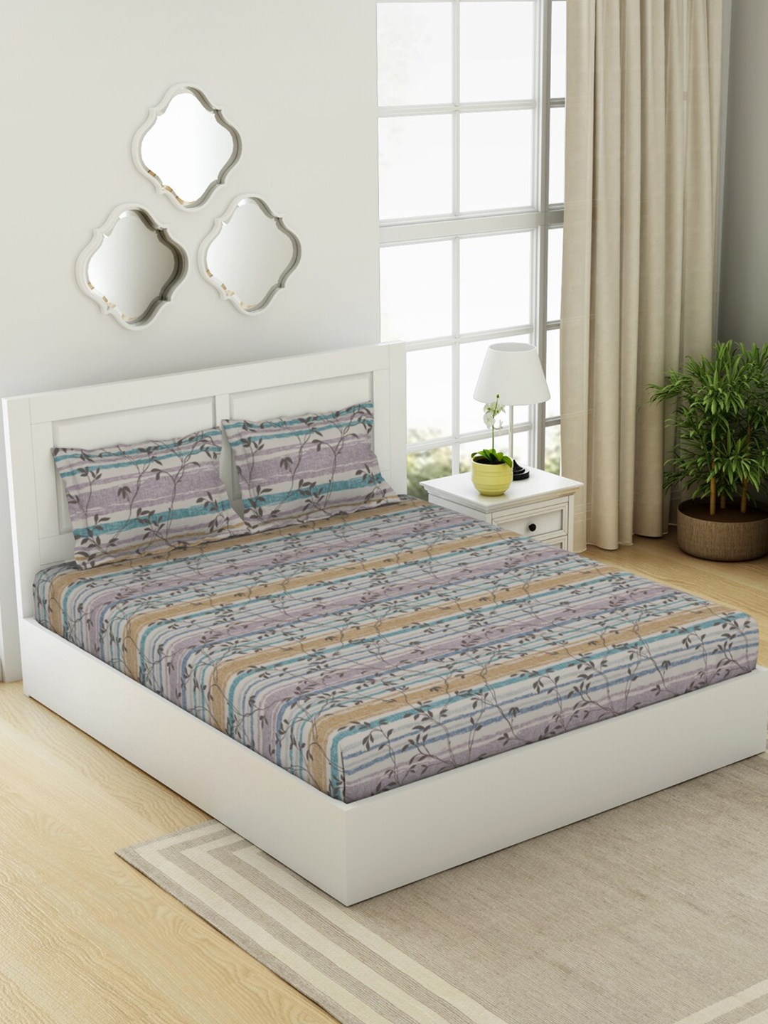 

SPACES Gypsy Grey Pure Cotton 144 TC Super King Fitted Bedsheet with 2 Pillow Covers