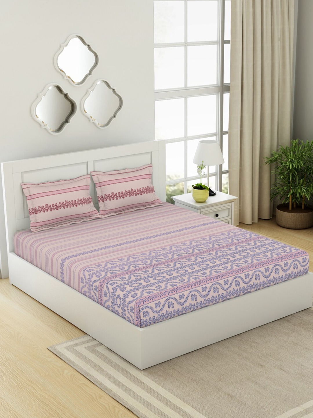 

SPACES Pink & Blue Floral Cotton Fitted 144 TC King Bedsheet With 2 Pillow Covers
