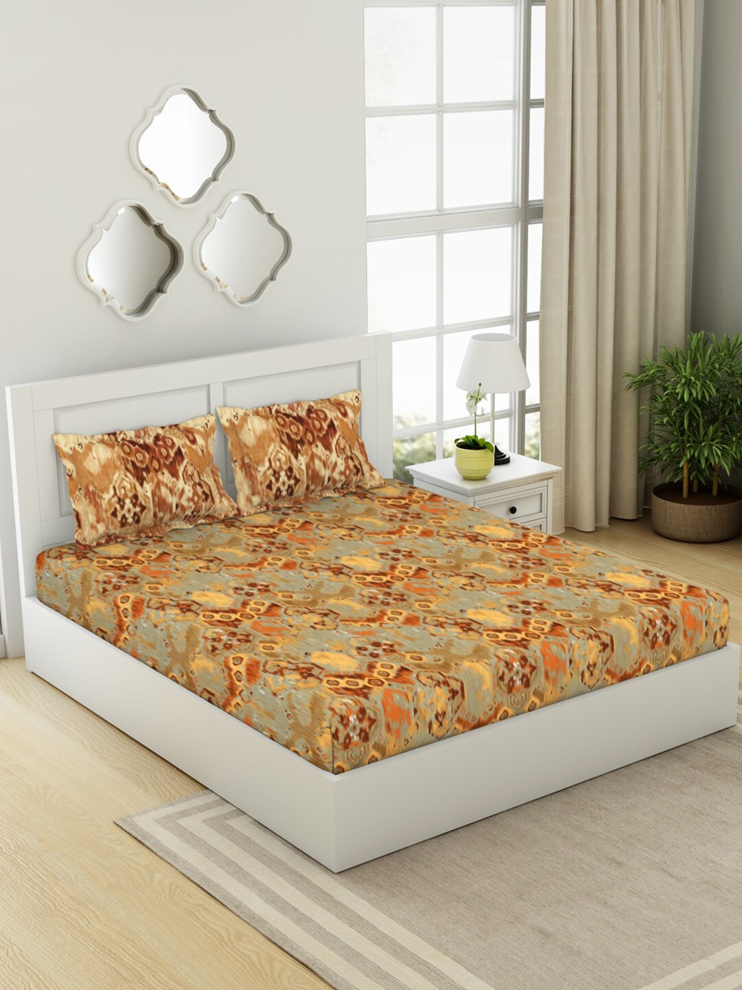 

SPACES Ikkat Orange Abstarct Cotton 144 TC Fitted King Bedsheet with 2 Pillow Covers