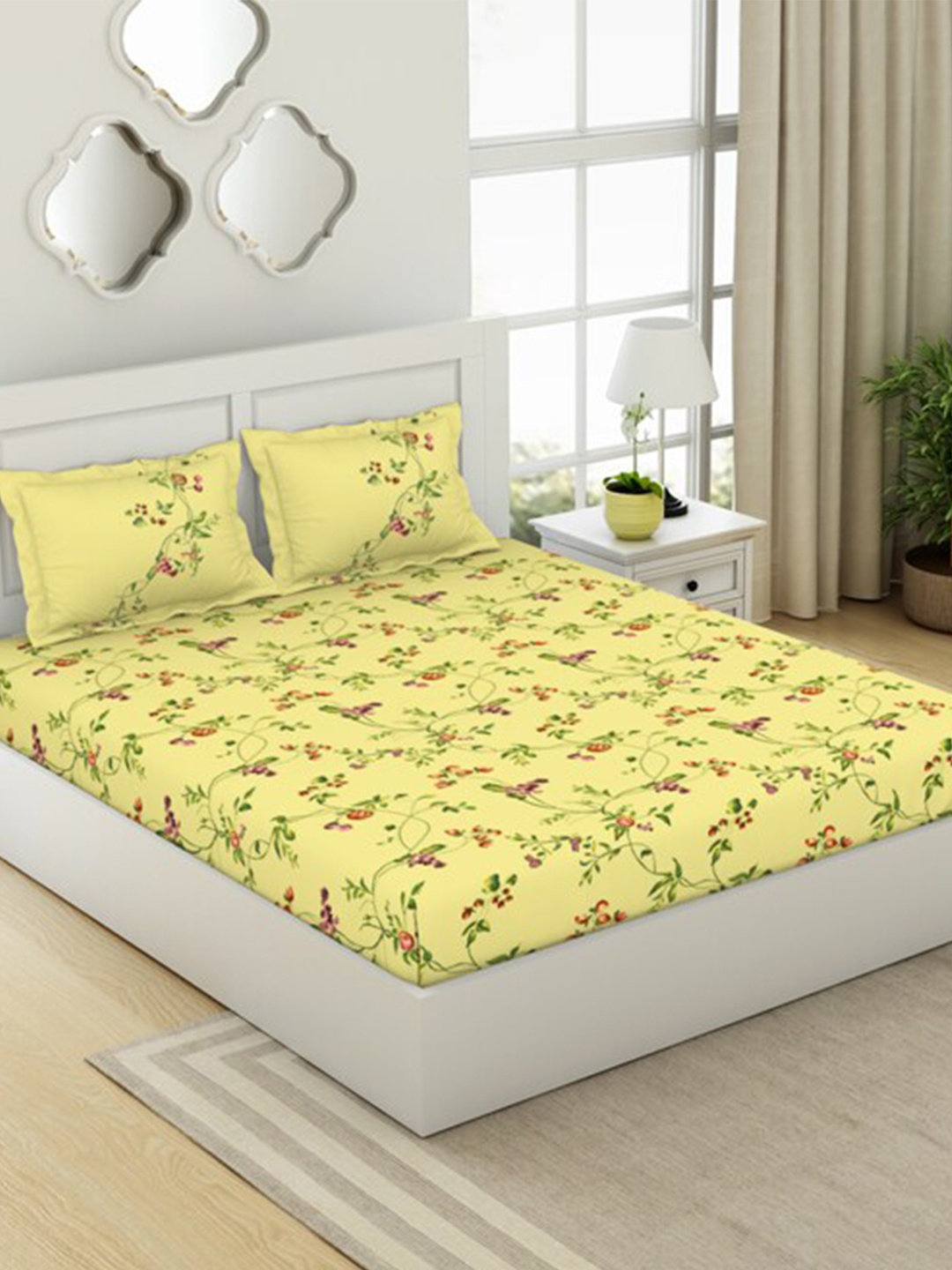 

SPACES Yellow & Red Floral Cotton Fitted 144 TC King Bedsheet With 2 Pillow Covers