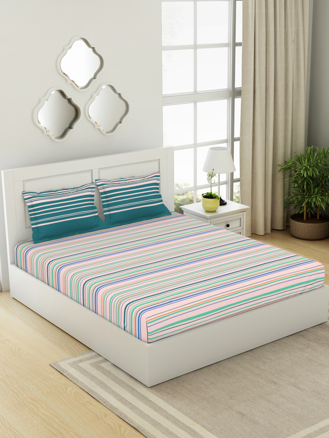 

SPACES Gypsy Pink & Blue Printed Cotton 144 TC Fitted King Bedsheet with 2 Pillow Covers