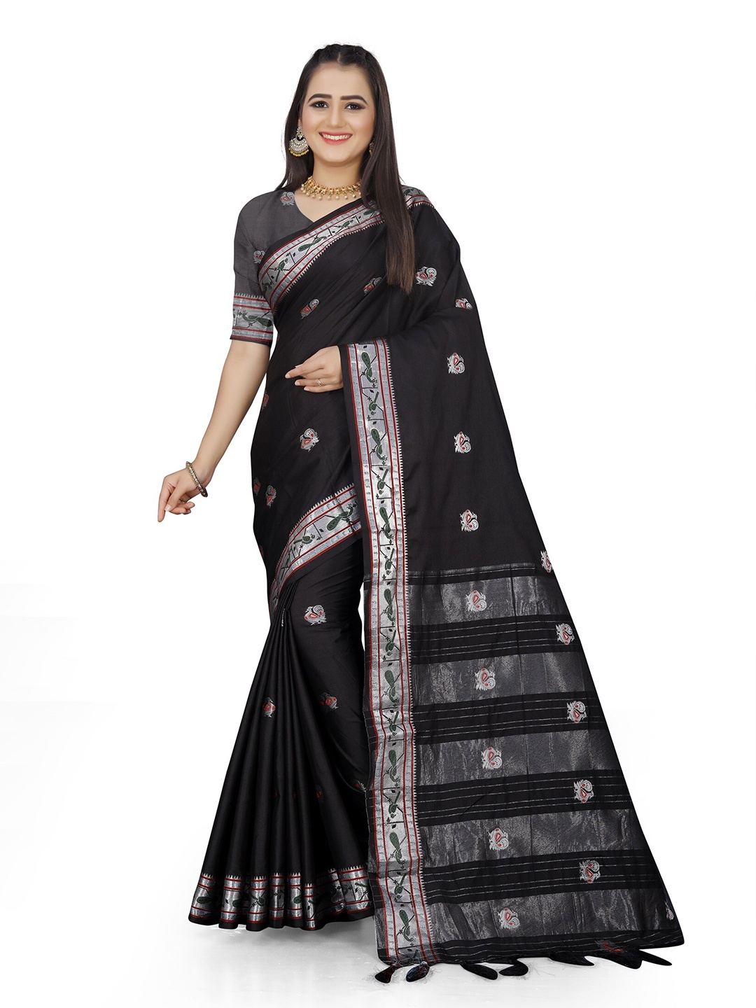 

Grubstaker Ethnic Motifs Woven Design Zari Banarasi Saree, Black