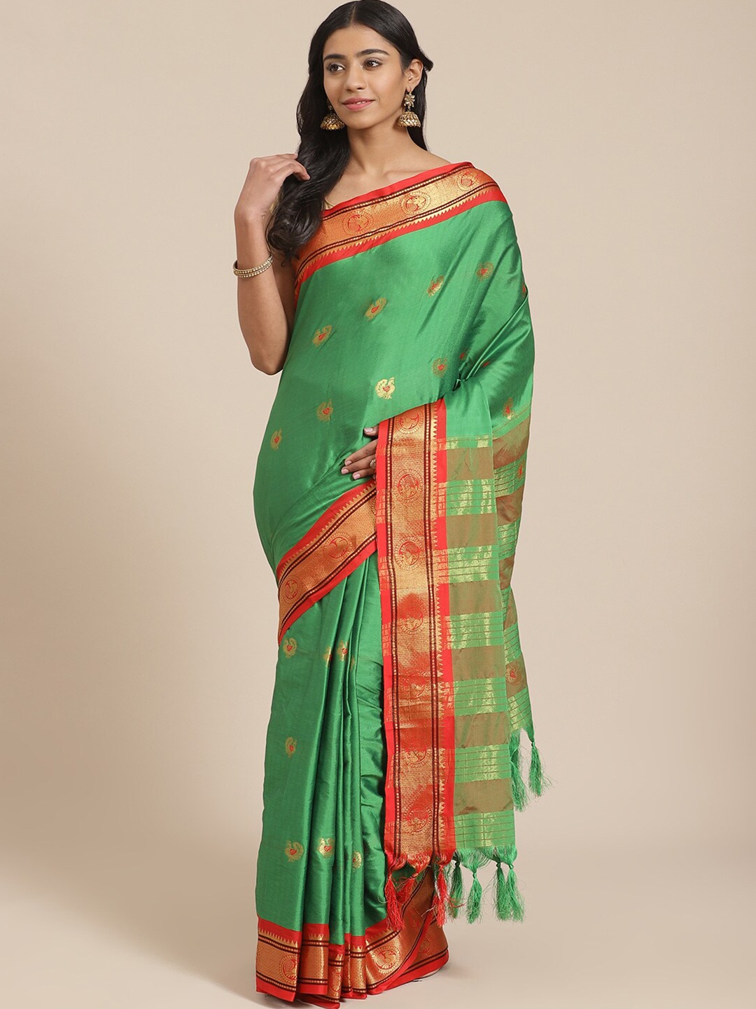 

Grubstaker Ethnic Motifs Woven Design Zari Banarasi Saree, Green