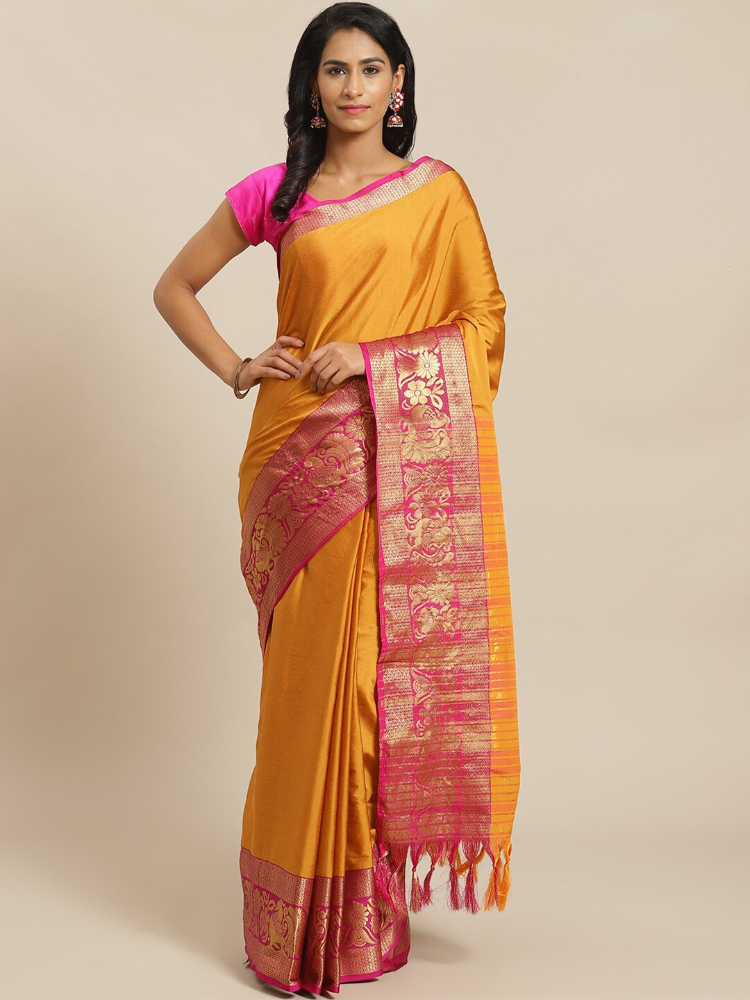

Grubstaker Zari Silk Cotton Banarasi Saree, Mustard