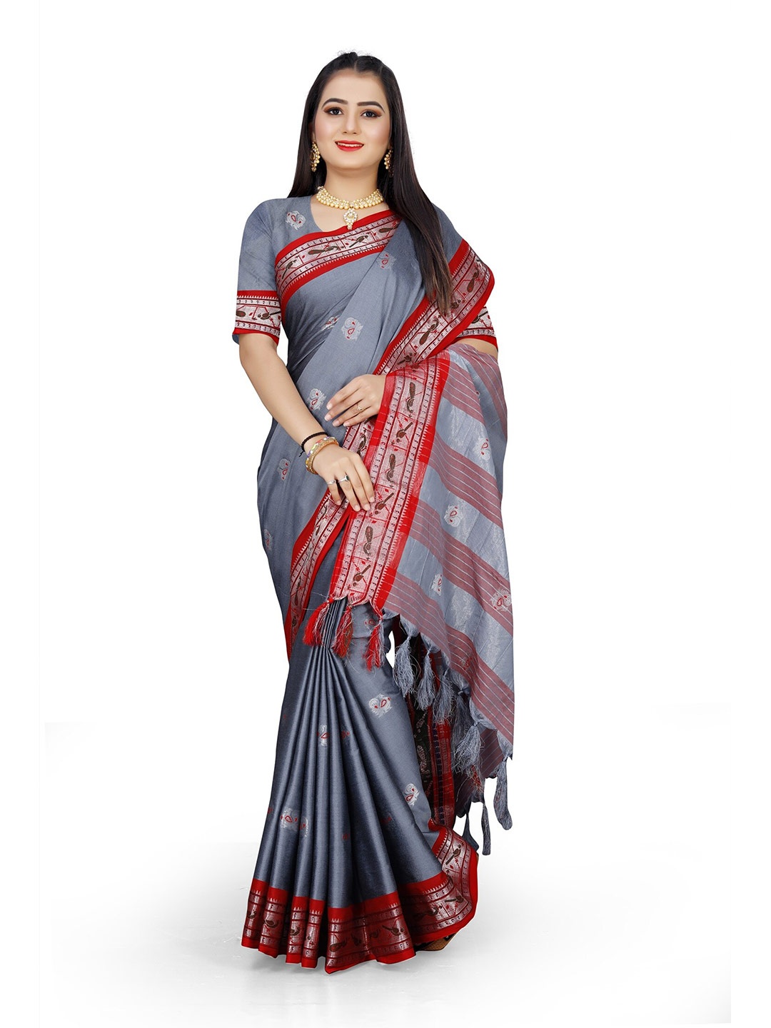 

Grubstaker Ethnic Motifs Woven Design Zari Banarasi Saree, Grey