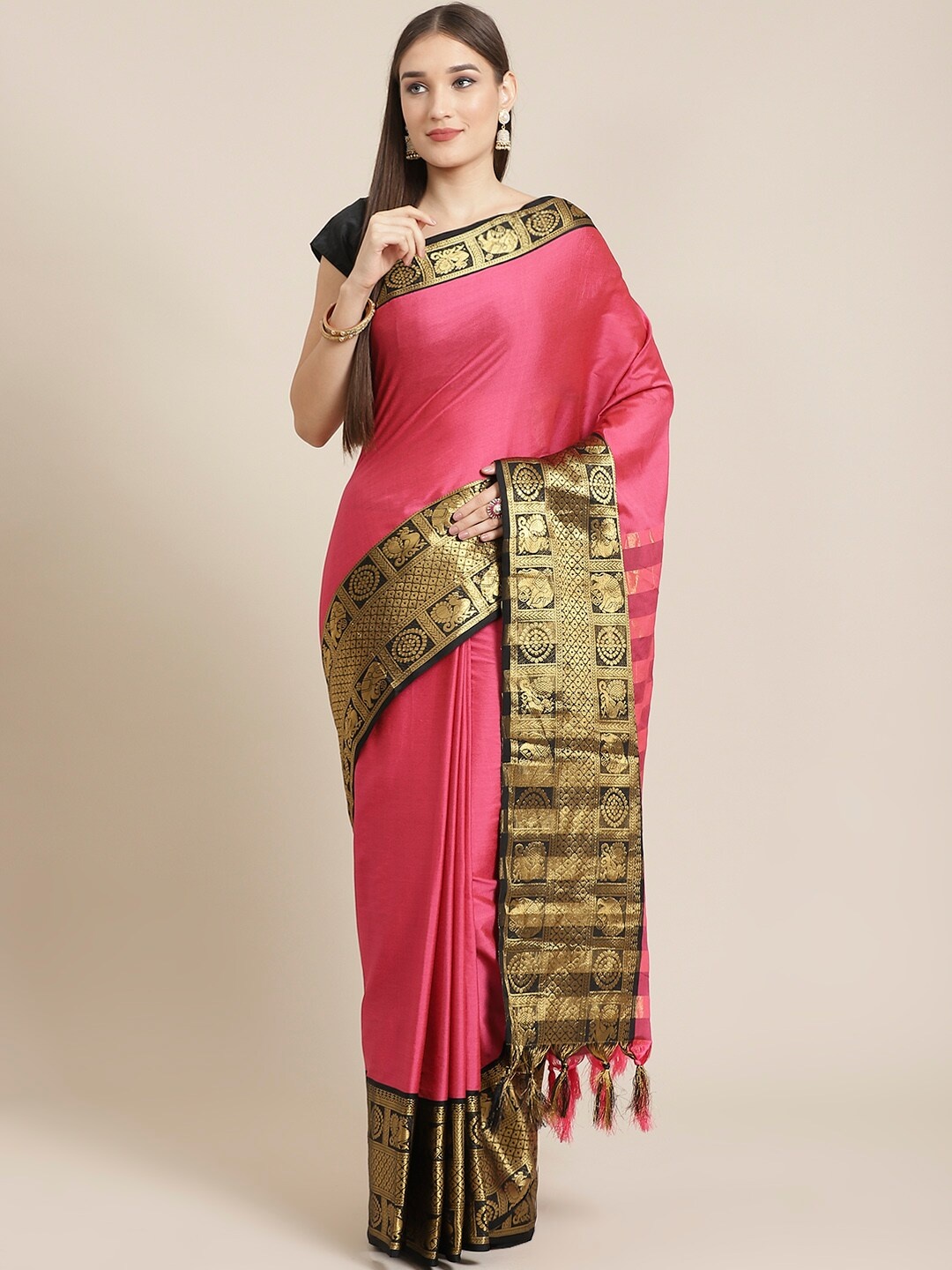 

Grubstaker Woven Design Border Zari Banarasi Saree, Pink