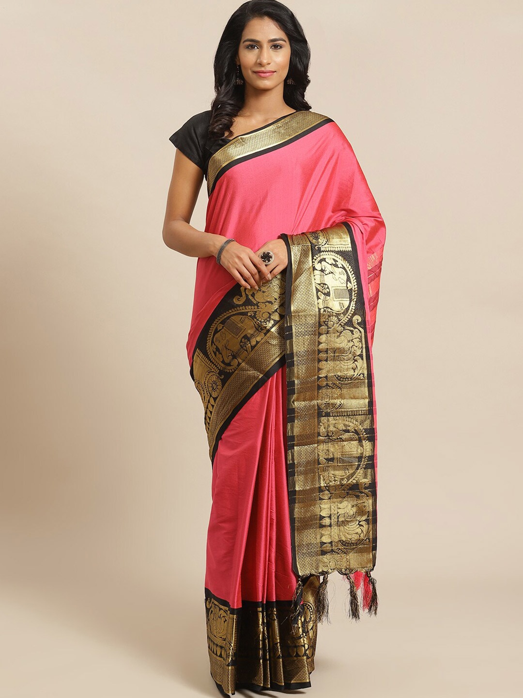 

Grubstaker Zari Banarasi Saree, Pink