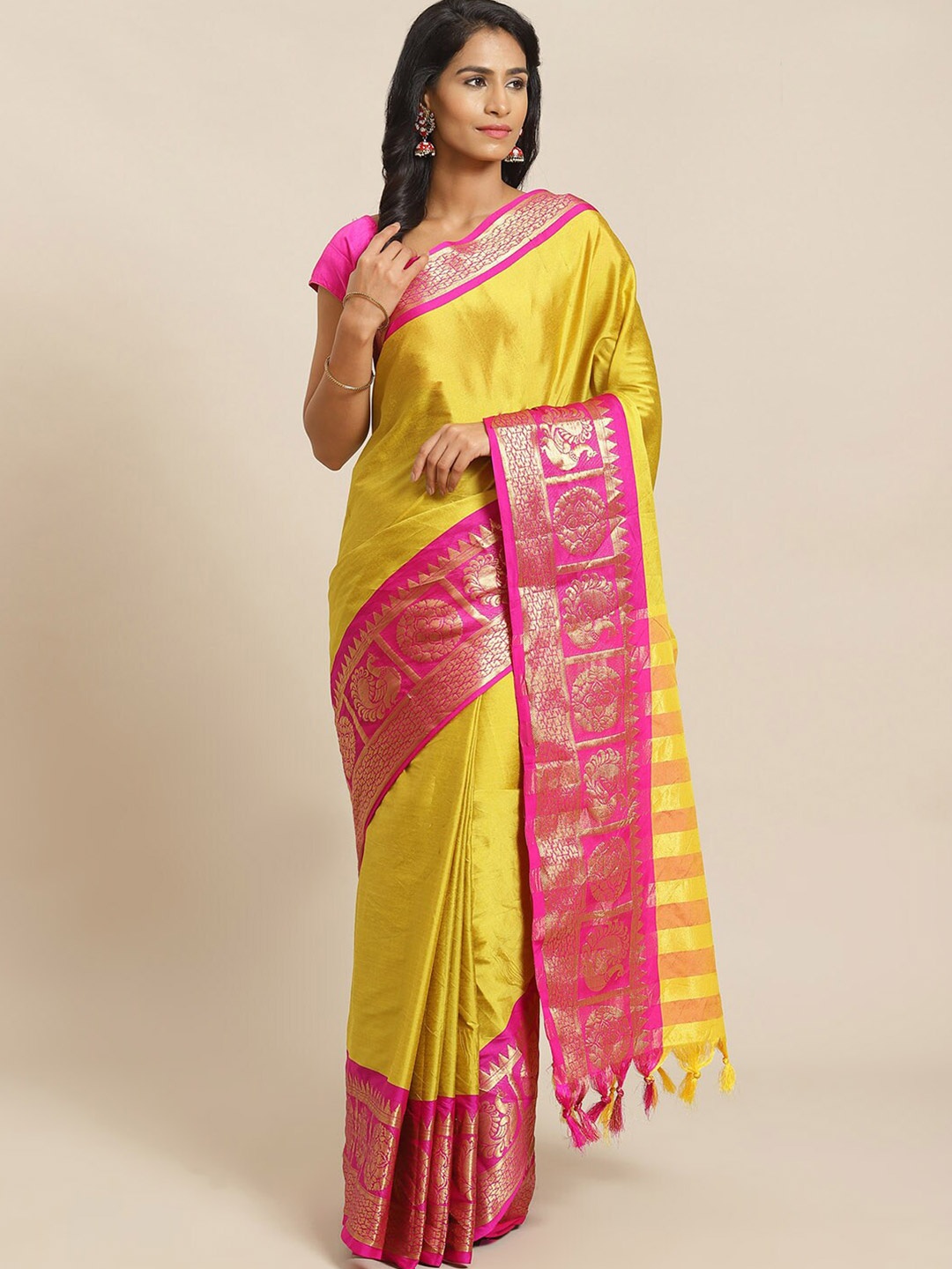 

Grubstaker Zari Banarasi Saree, Yellow