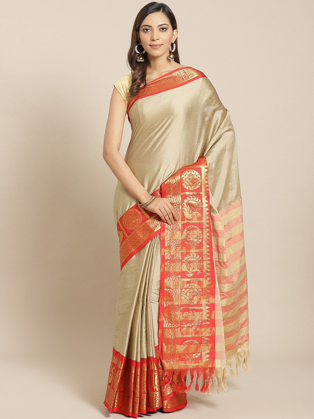 

Grubstaker Woven Design Border Zari Banarasi Saree, Beige