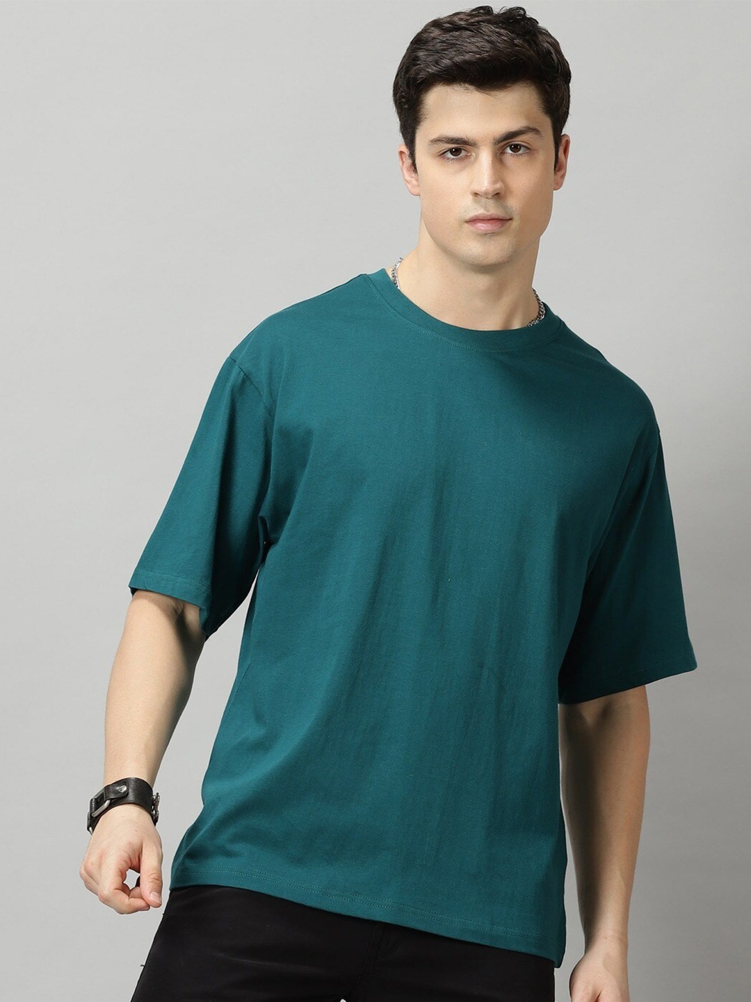 

THE HOLLANDER Pure Cotton Drop-Shoulder Sleeves Oversized Fit T-shirt, Teal