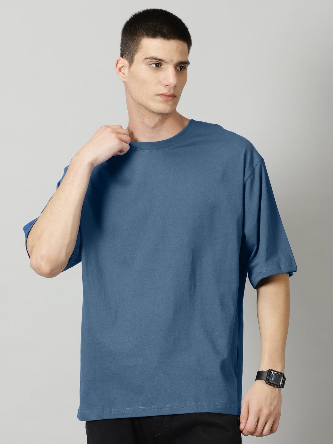 

THE HOLLANDER Pure Cotton Solid Drop-Shoulder Sleeves Baggy T-shirt, Blue