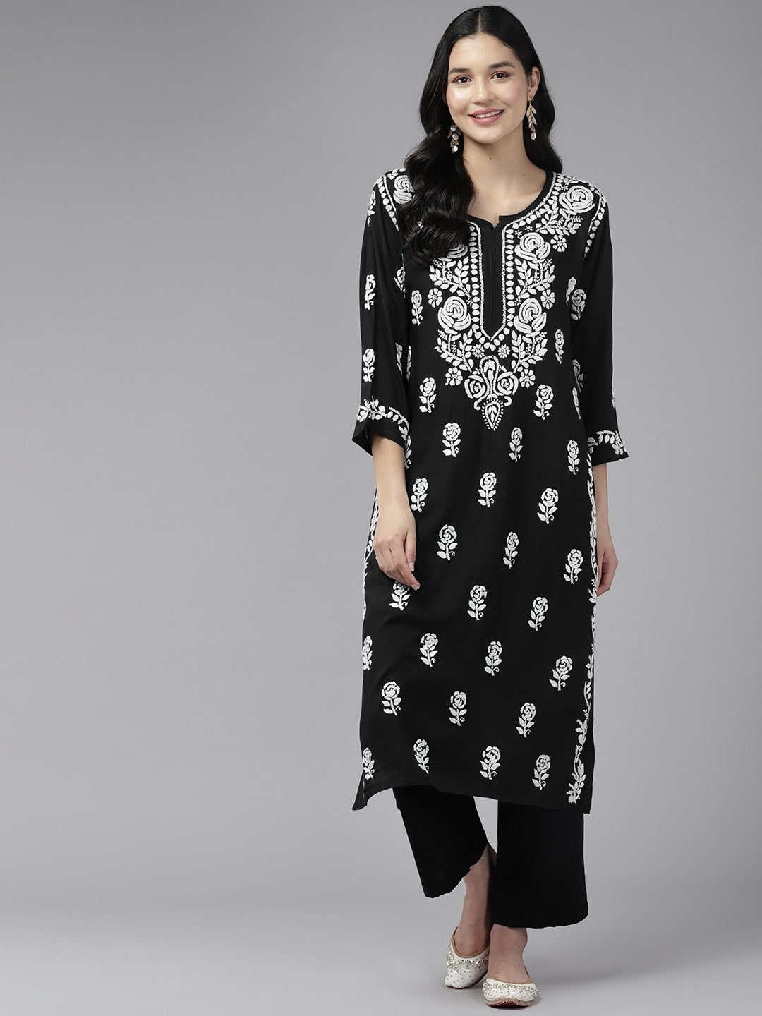 

ADA Ethnic Motifs Embroidered Lucknowi Chikankari Kurta, Black