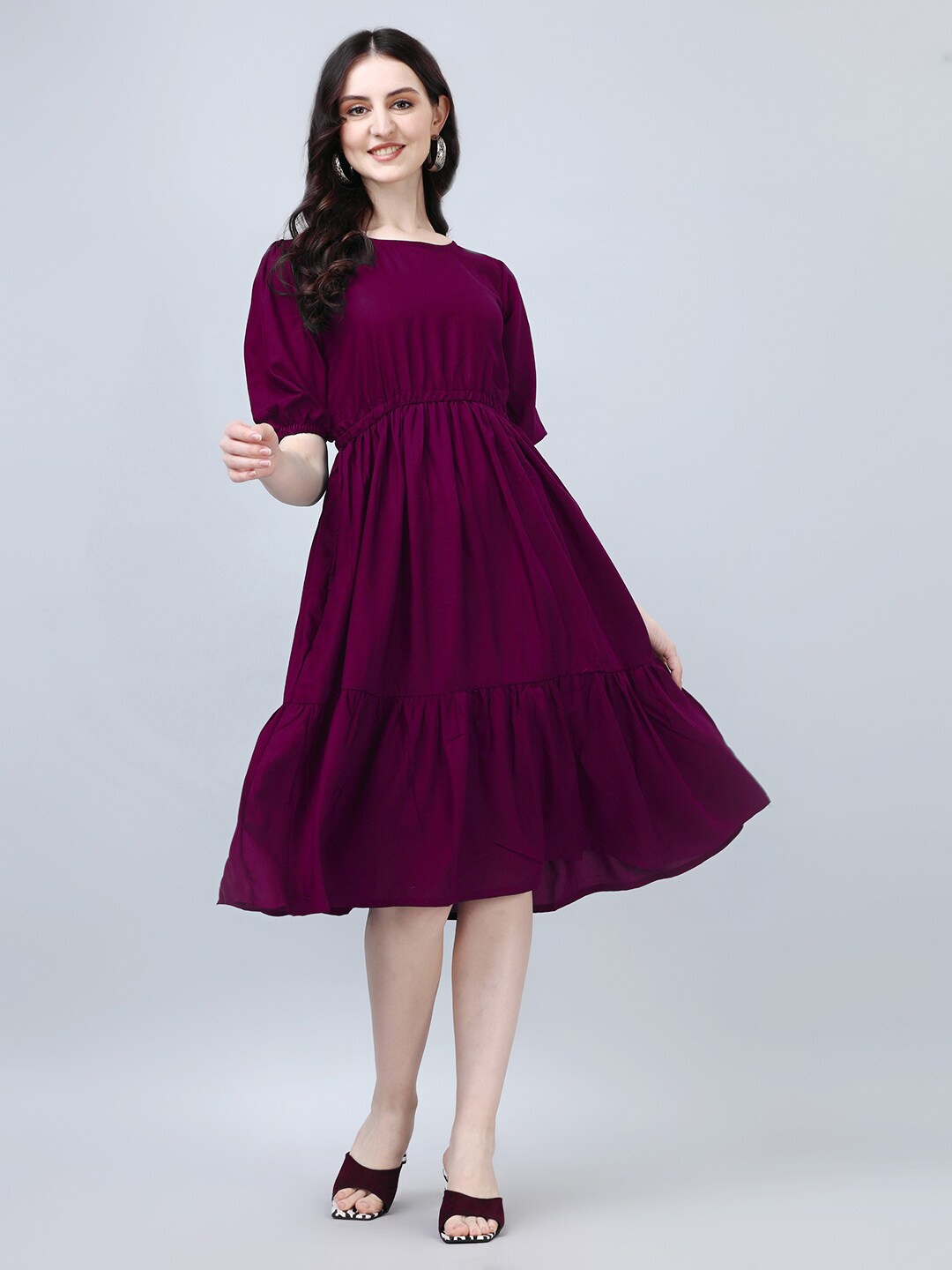 

Femvy Round Neck Puff Sleeves Gathered Fit & Flare Dress, Magenta