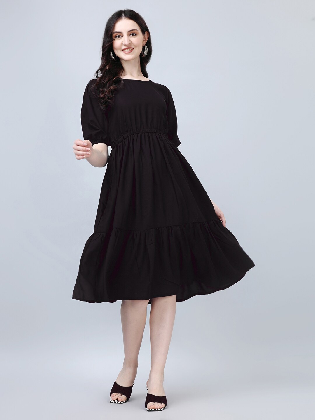 

Femvy Round Neck Puff Sleeves Gathered Fit & Flare Dress, Black
