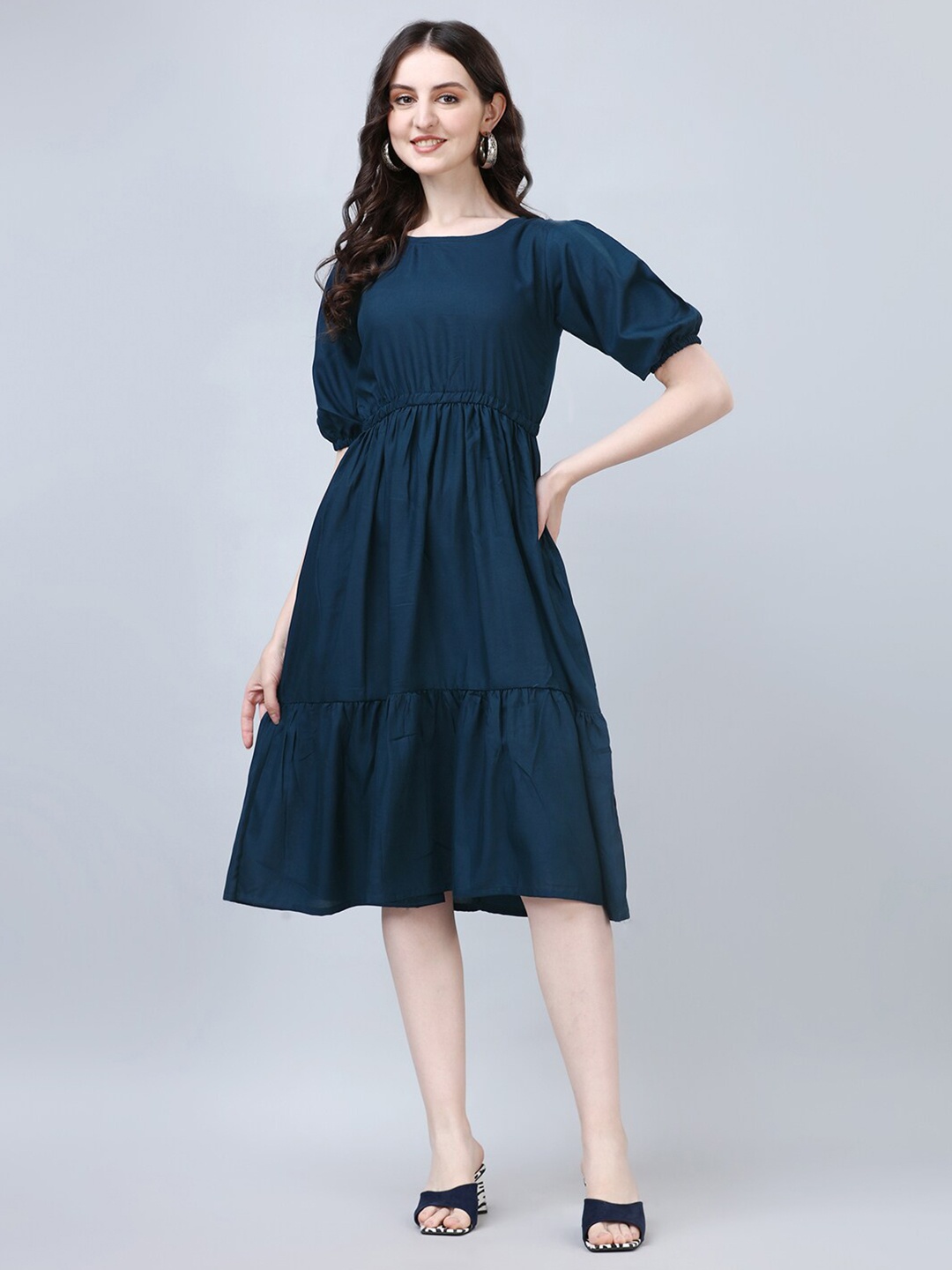 

Femvy Round Neck Puff Sleeves Gathered Fit & Flare Dress, Navy blue