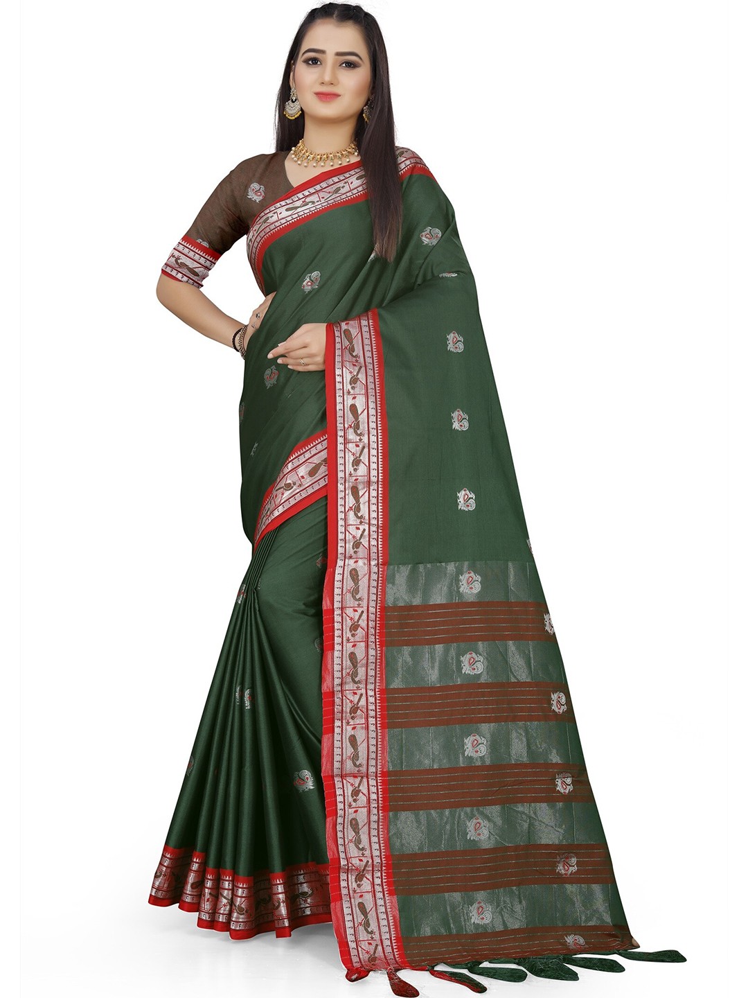 

KALINI Ethnic Motifs Woven Design Zari Detail Saree, Green