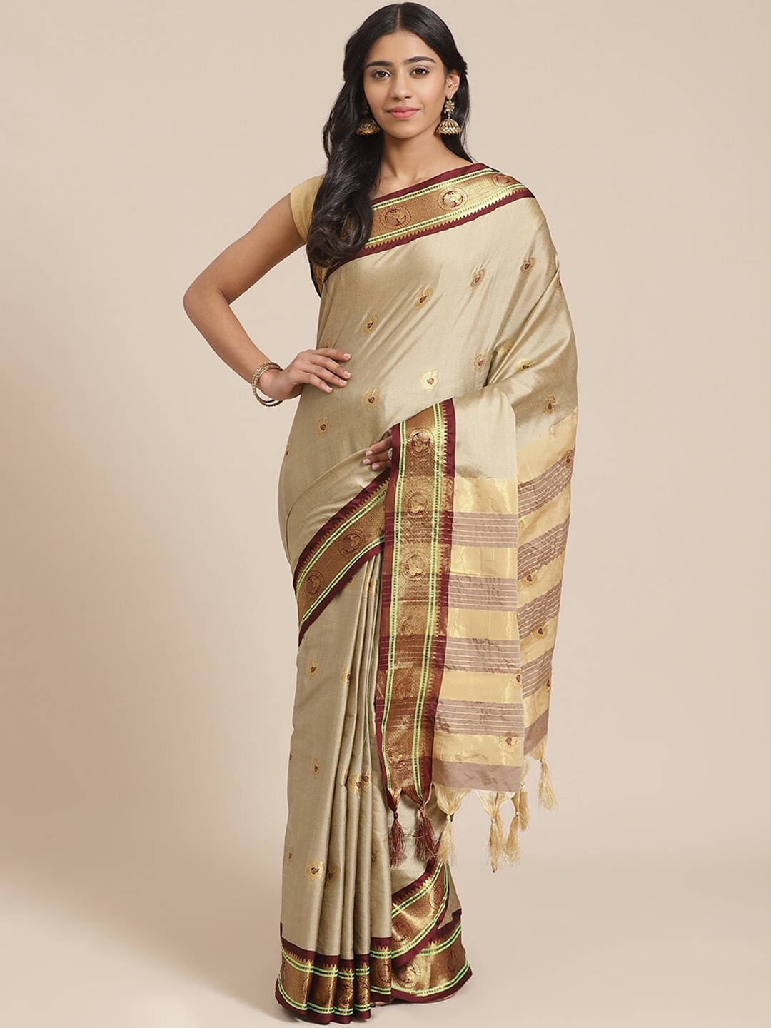 

KALINI Ethnic Motifs Woven Design Zari Detailed Saree, Beige