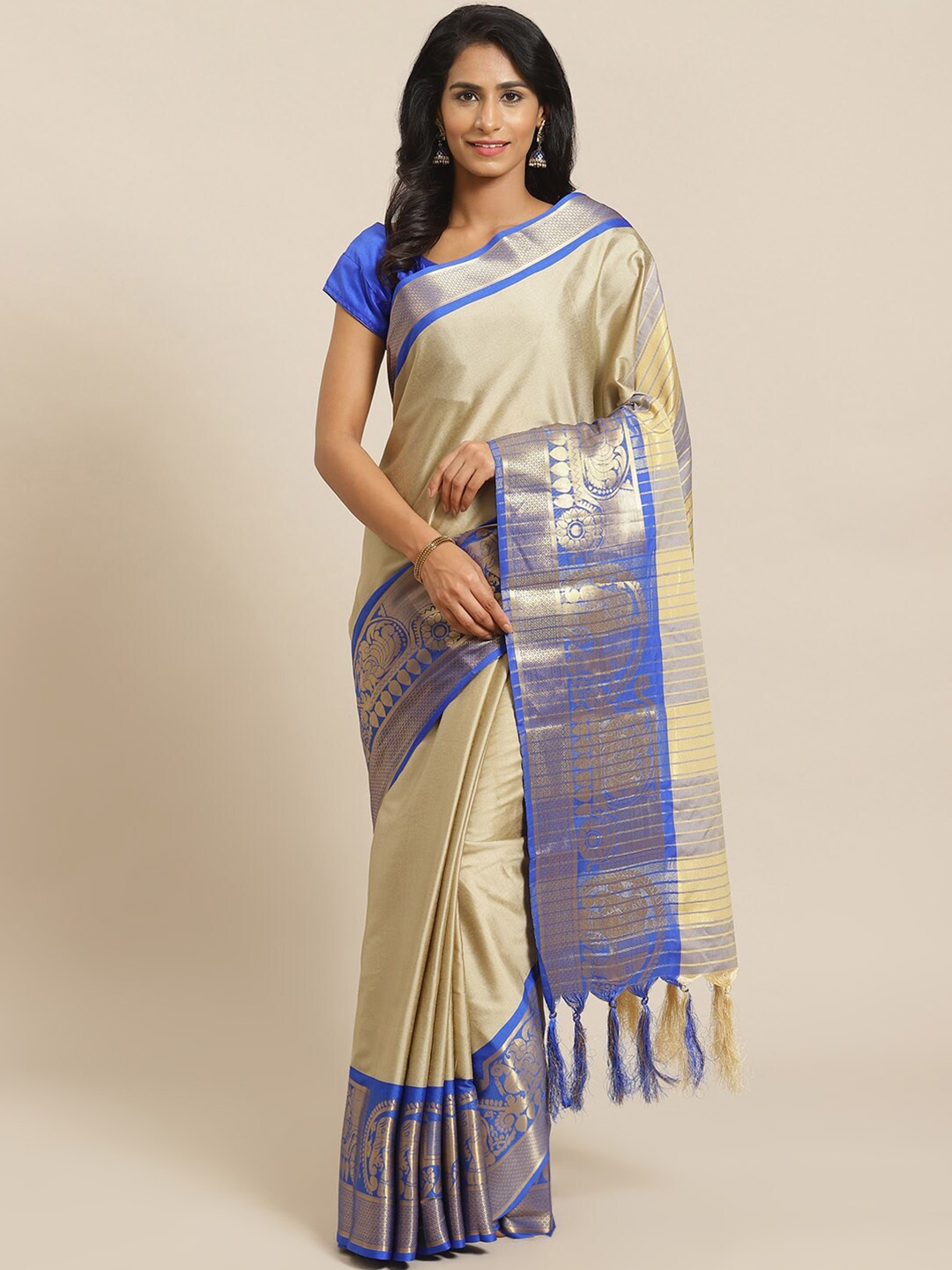 

KALINI Woven Design Border Zari Detailed Saree, Beige