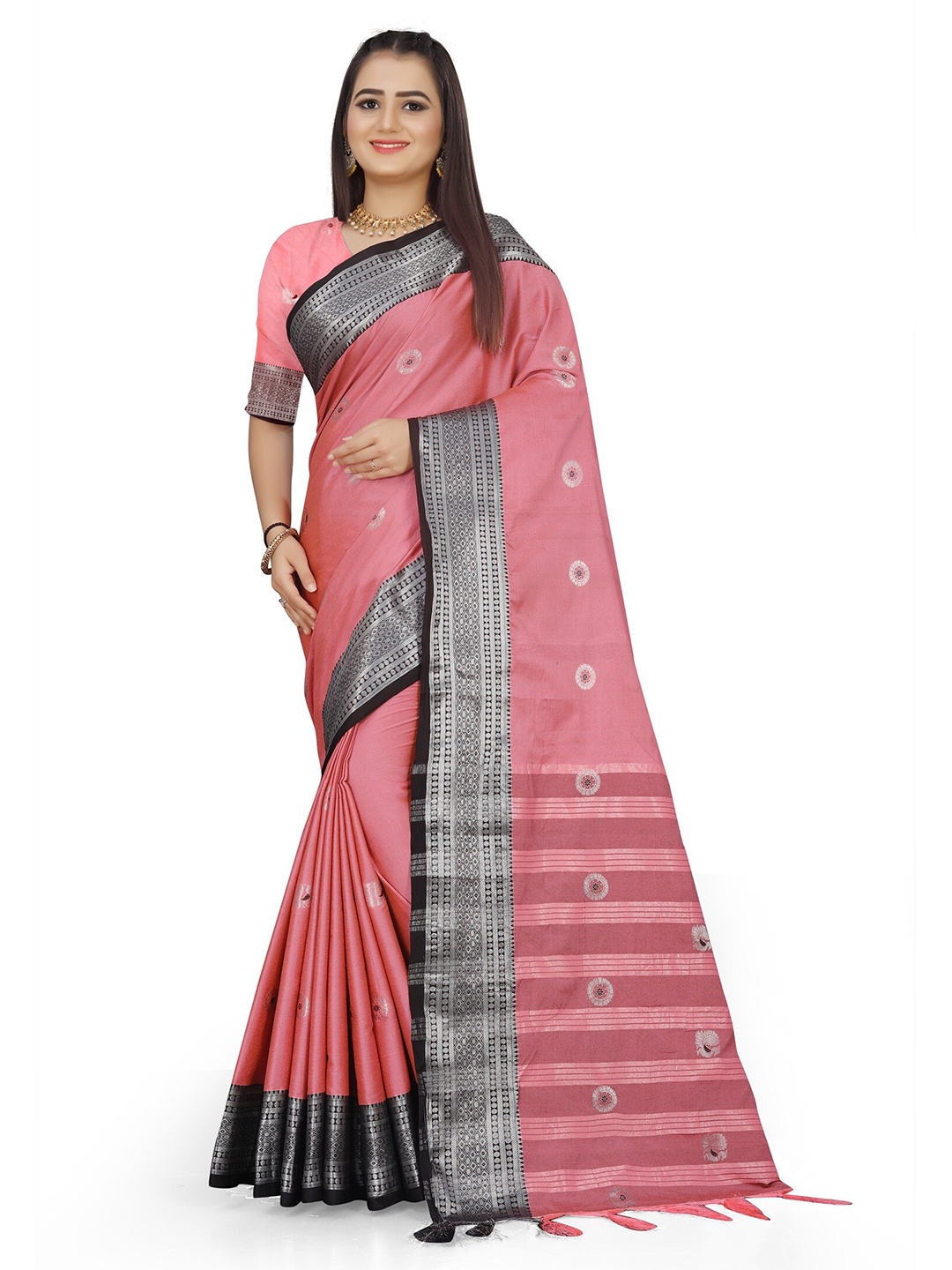 

KALINI Ethnic Motifs Woven Design Zari Detail Saree, Pink