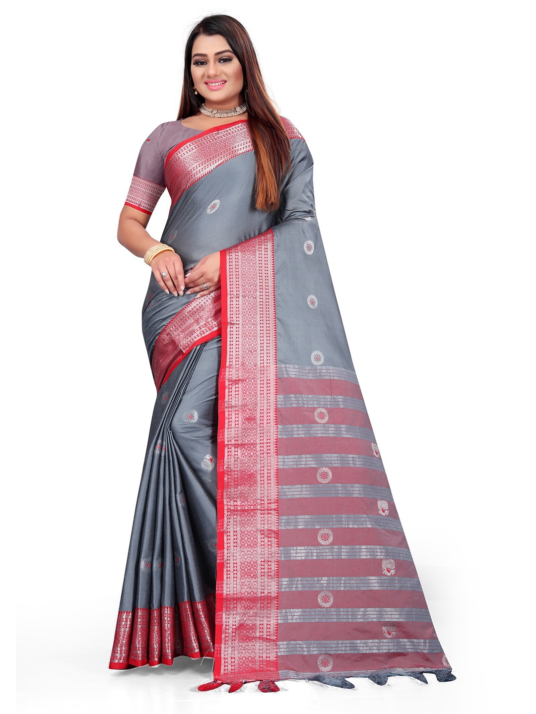 

KALINI Ethnic Motifs Woven Design Zari Banarasi Saree, Grey