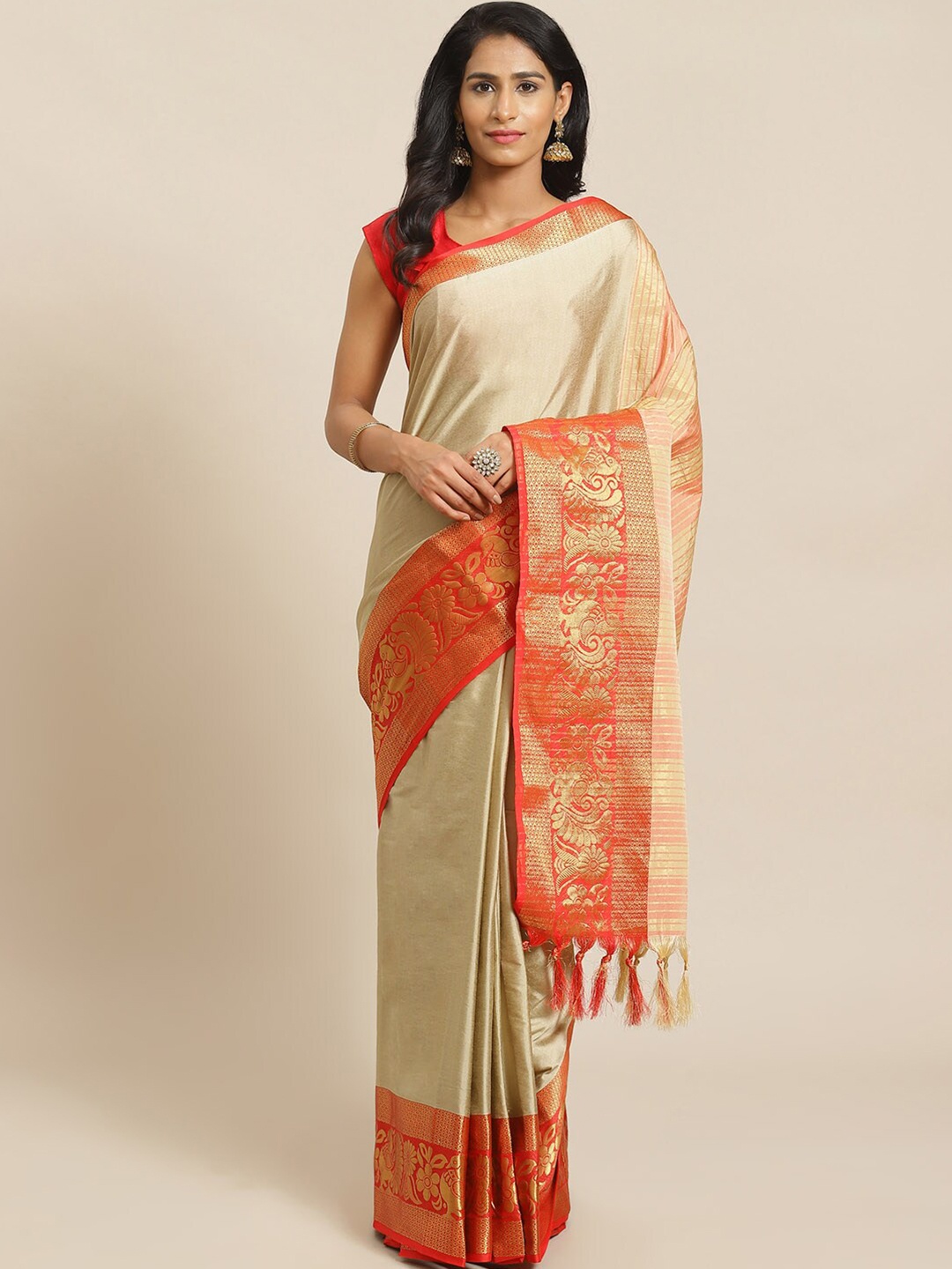 

KALINI Solid Zari Banarasi Saree, Beige