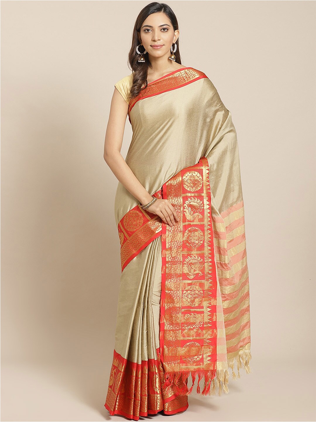 

KALINI Solid Zari Banarasi Saree, Beige