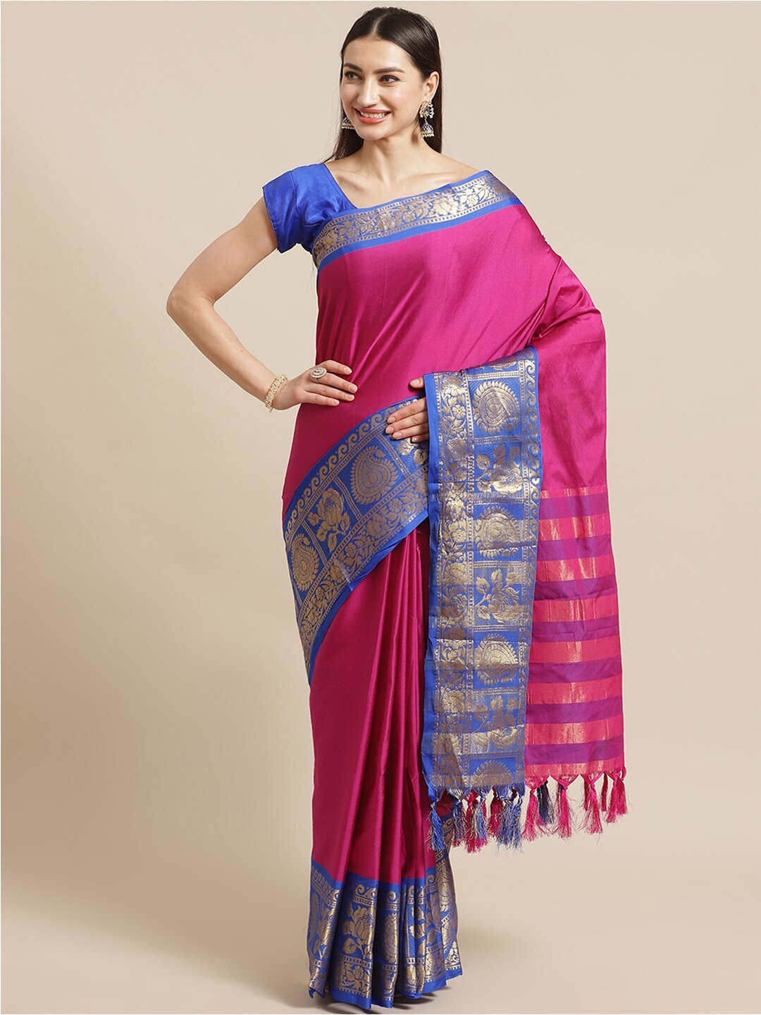 

KALINI Solid Zari Banarasi Saree, Pink