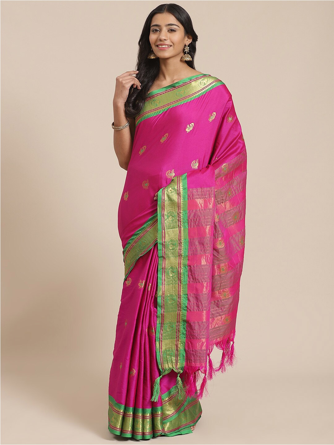 

KALINI Ethnic Motifs Woven Design Zari Detailed Saree, Pink