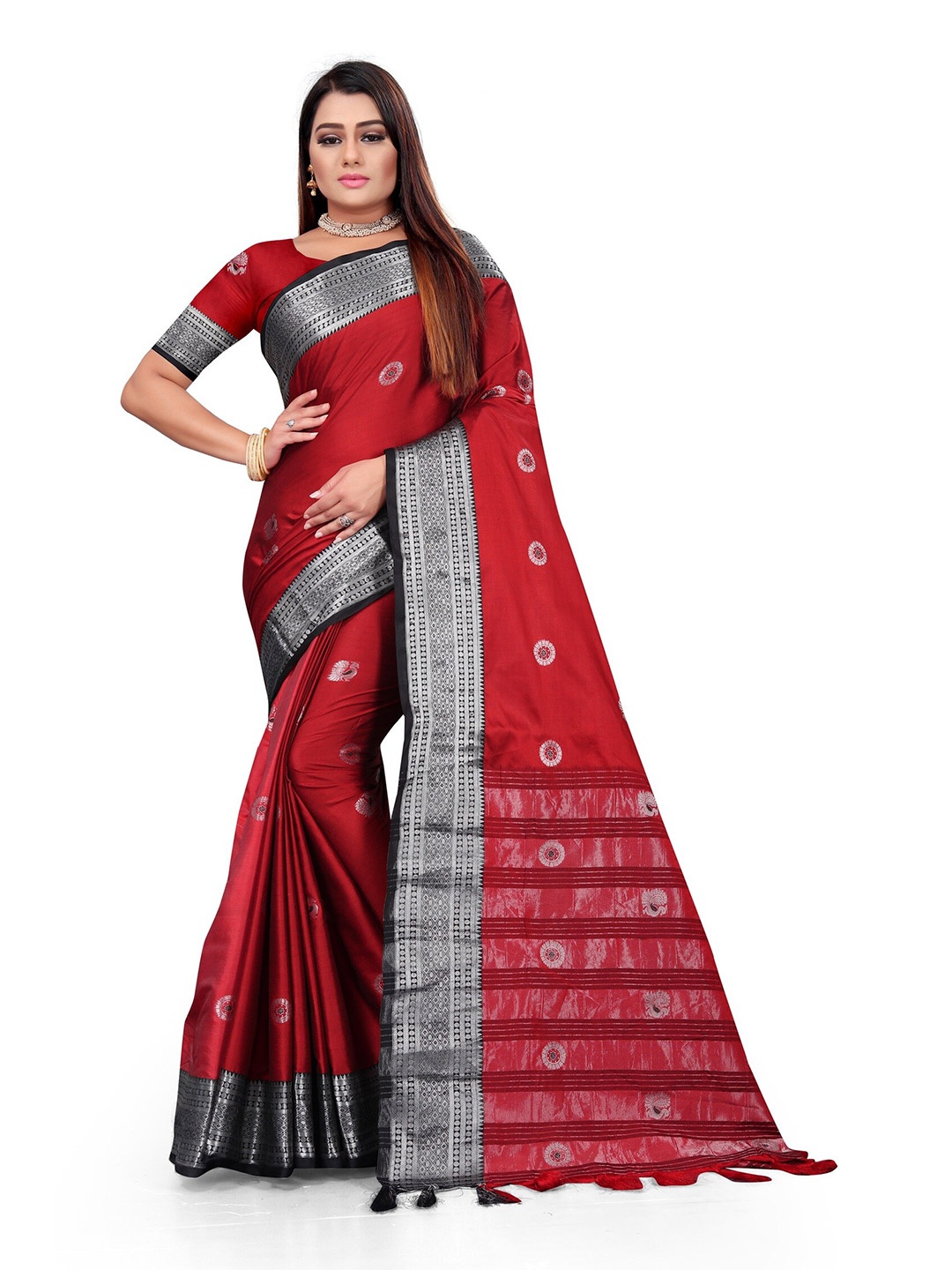 

KALINI Ethnic Motifs Woven Design Zari Detailed Saree, Red