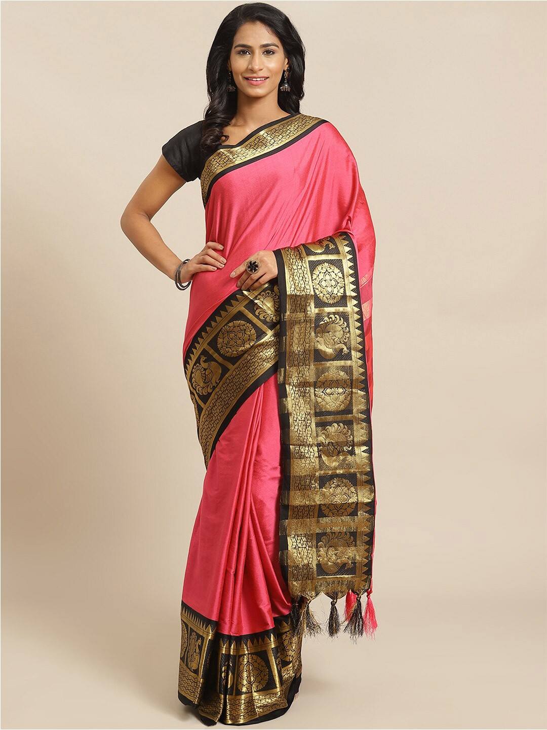 

KALINI Solid Zari Banarasi Saree, Pink