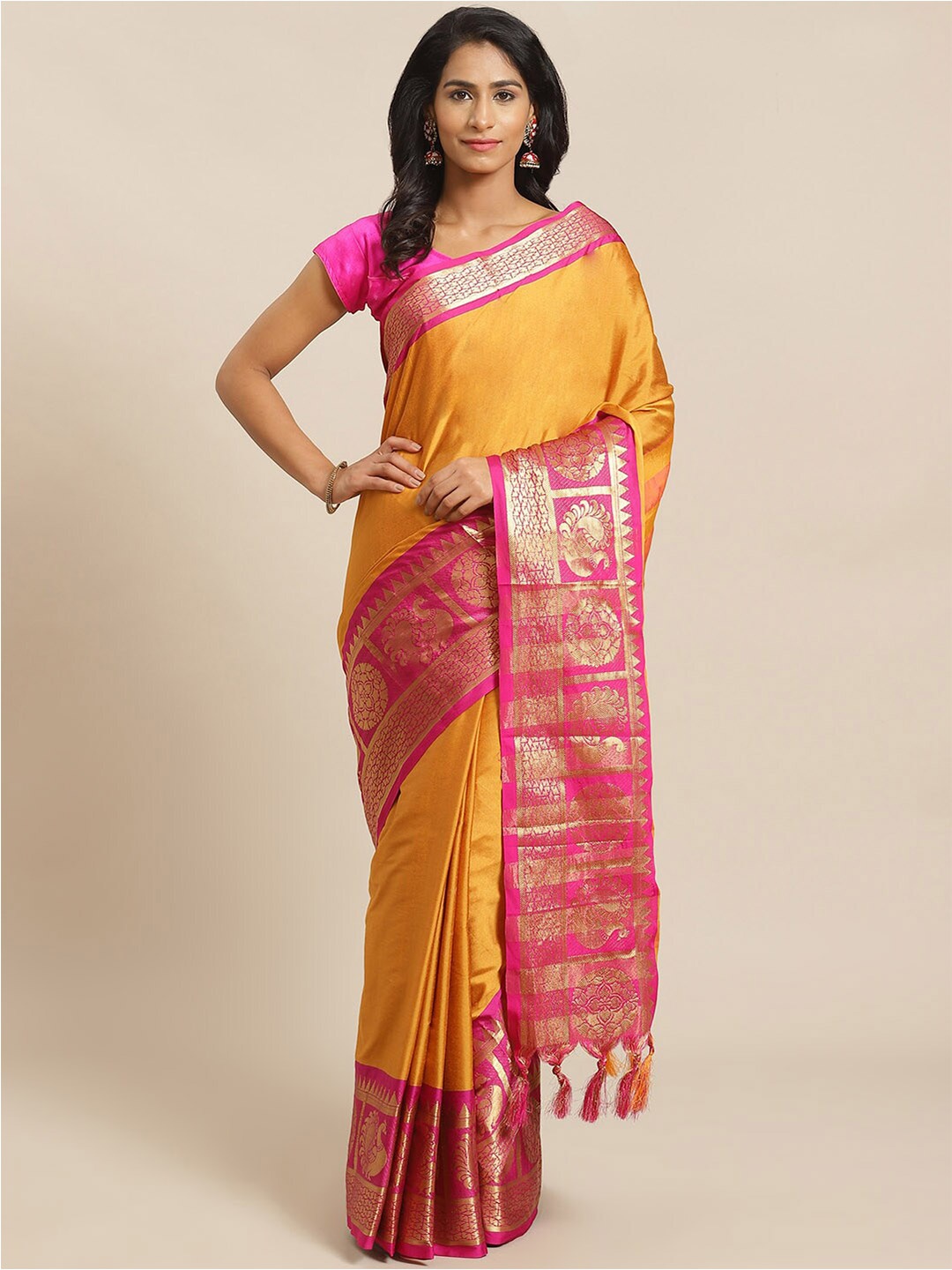 

KALINI Solid Zari Banarasi Saree, Mustard