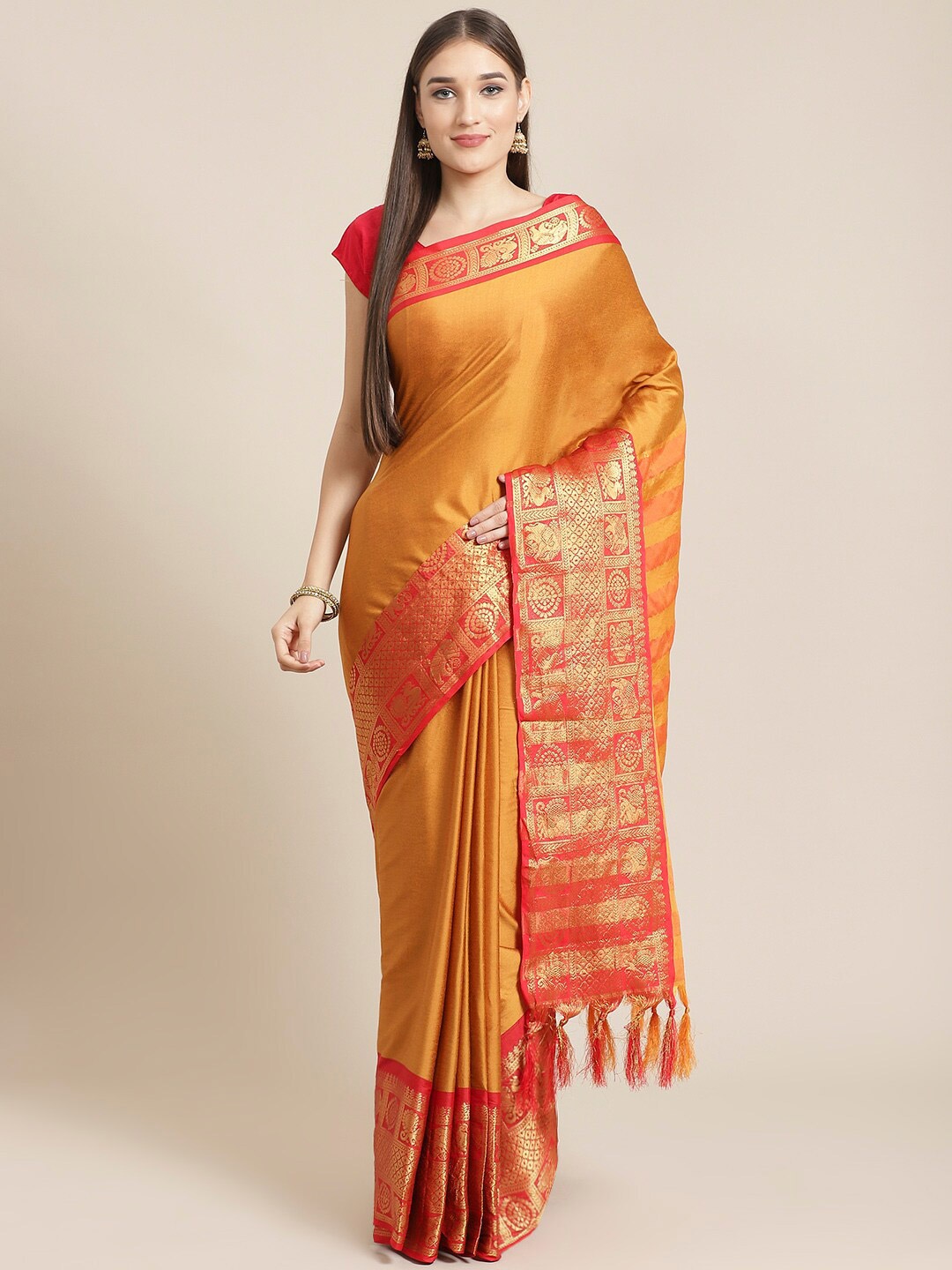 

KALINI Solid Zari Banarasi Saree, Mustard