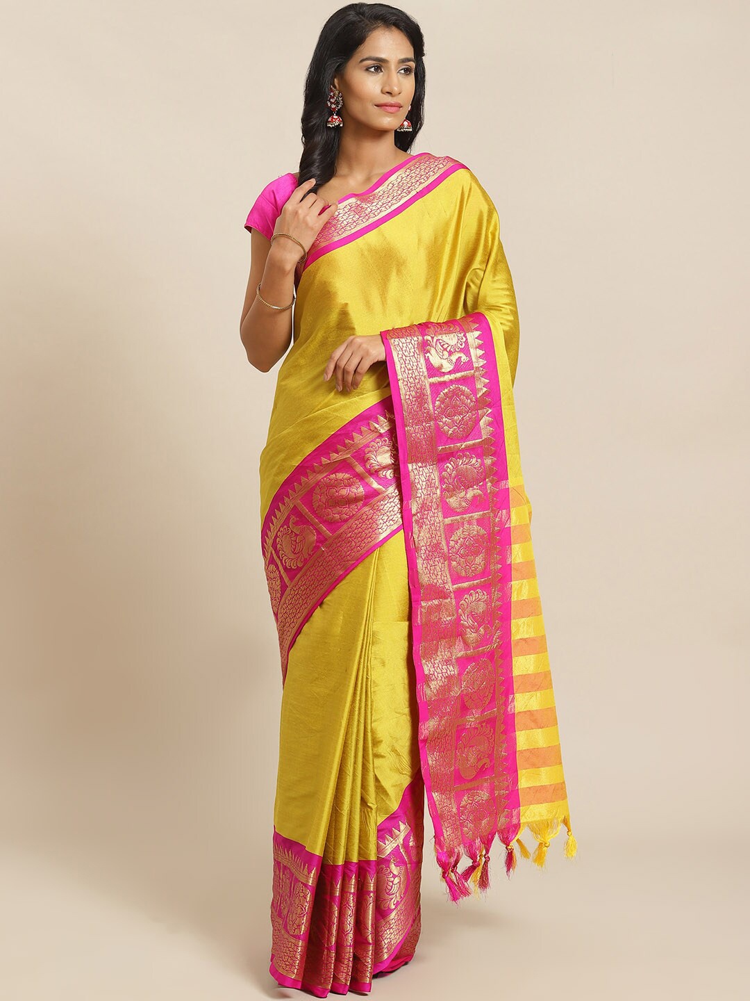 

KALINI Woven Design Border Zari Banarasi Saree, Yellow