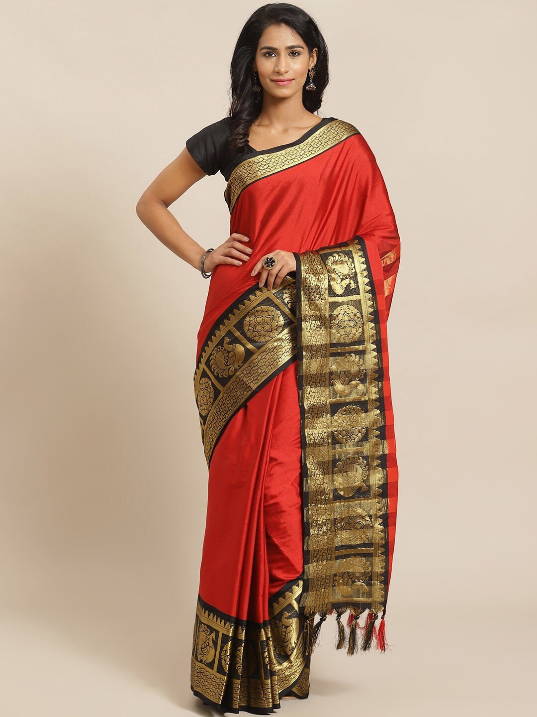 

KALINI Woven Design Border Zari Banarasi Saree, Red