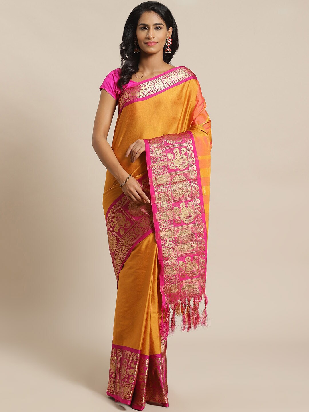 

KALINI Woven Design Border Zari Banarasi Saree, Orange