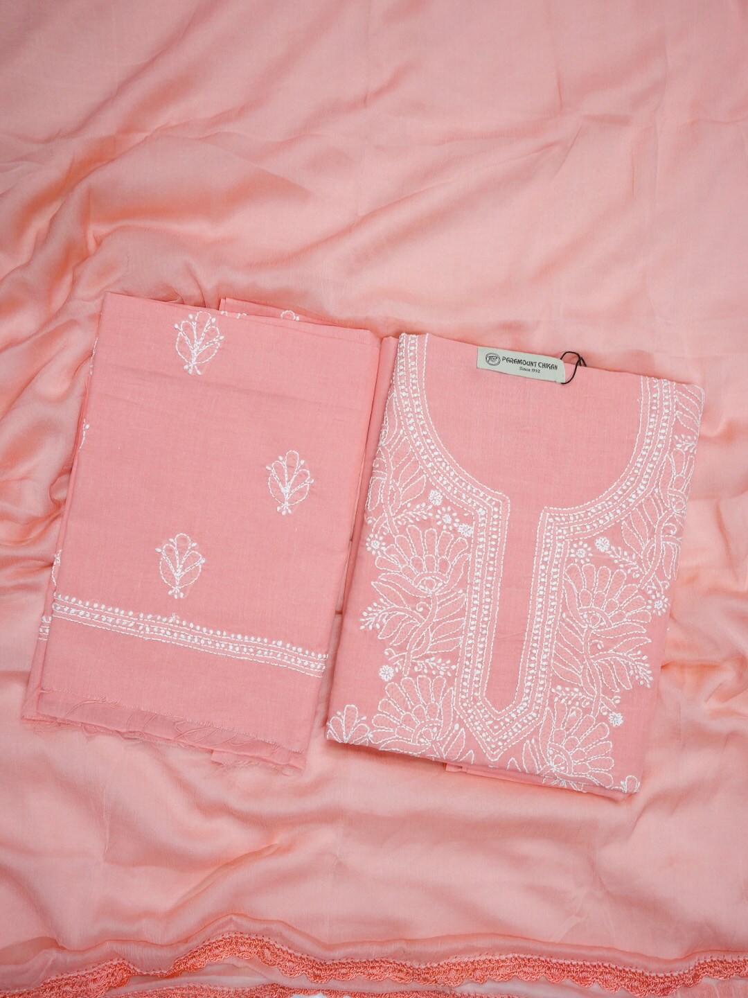 

PARAMOUNT CHIKAN Lucknowi Chikankari Embroidered Unstitched Dress Material, Peach