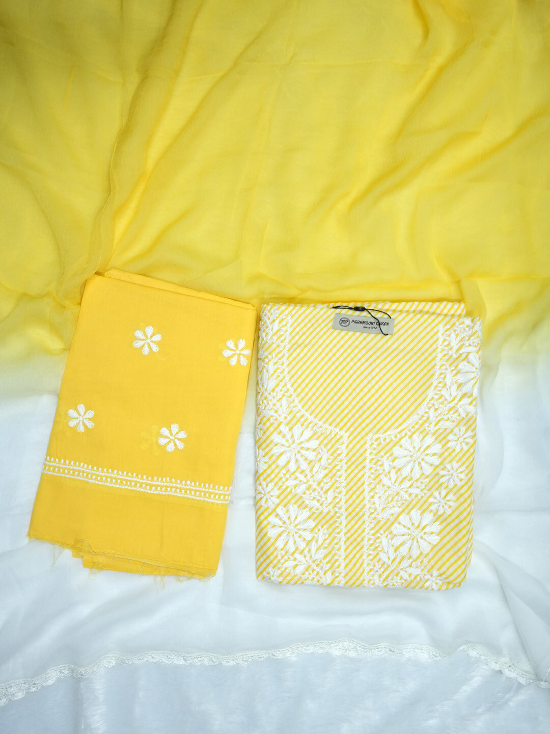 

PARAMOUNT CHIKAN Lucknowi Chikankari Embroidered Unstitched Dress Material, Yellow