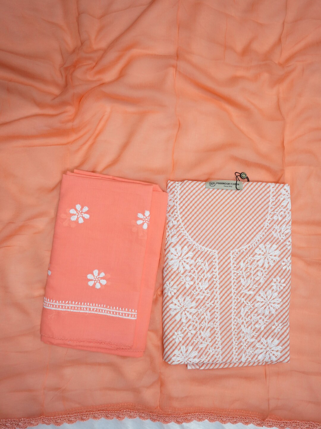

PARAMOUNT CHIKAN Lucknowi Chikankari Embroidered Unstitched Dress Material, Orange