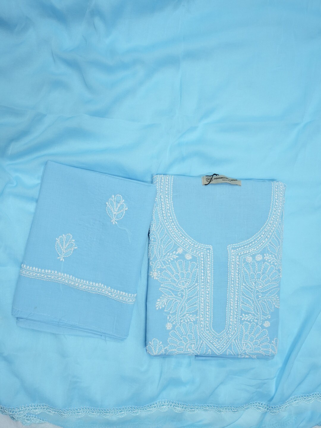 

PARAMOUNT CHIKAN Lucknowi Chikankari Embroidered Unstitched Dress Material, Blue