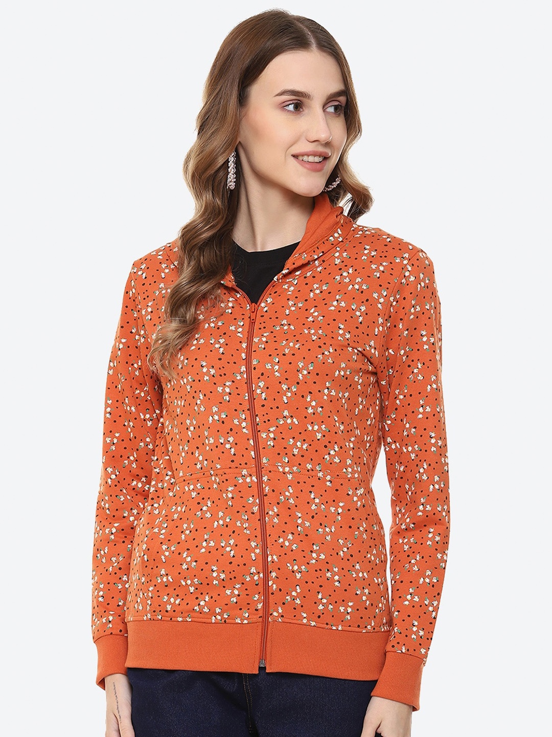 

2Bme Floral Printed Cotton Hooded Front-Open Sweatshirt, Orange
