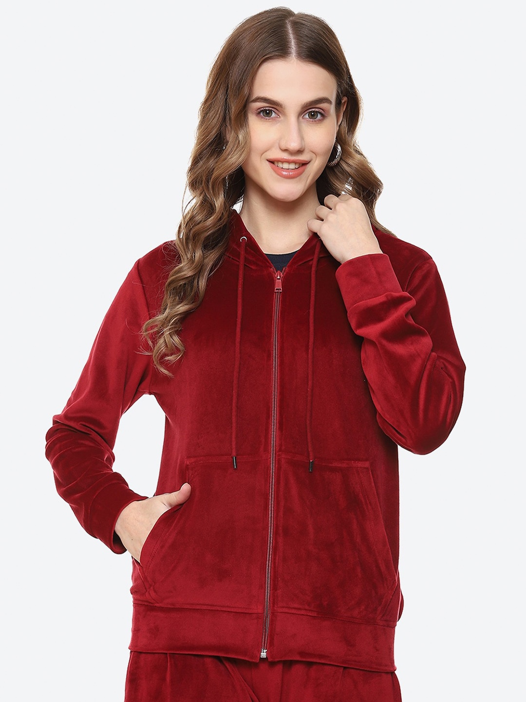 

2Bme Velour Hooded Front-Open Sweatshirt, Maroon