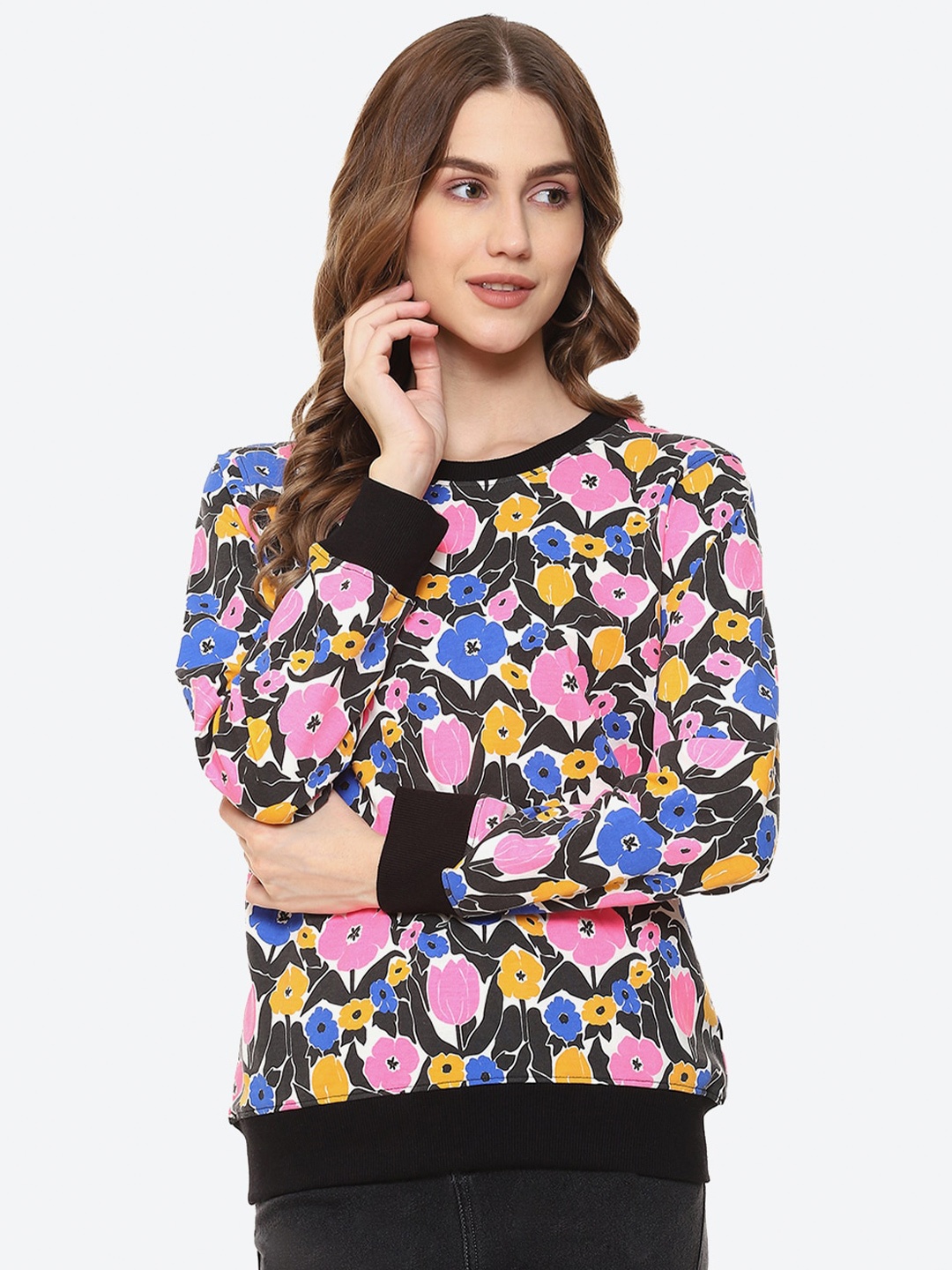 

2Bme Floral Printed Cotton Pullover Sweatshirt, Black