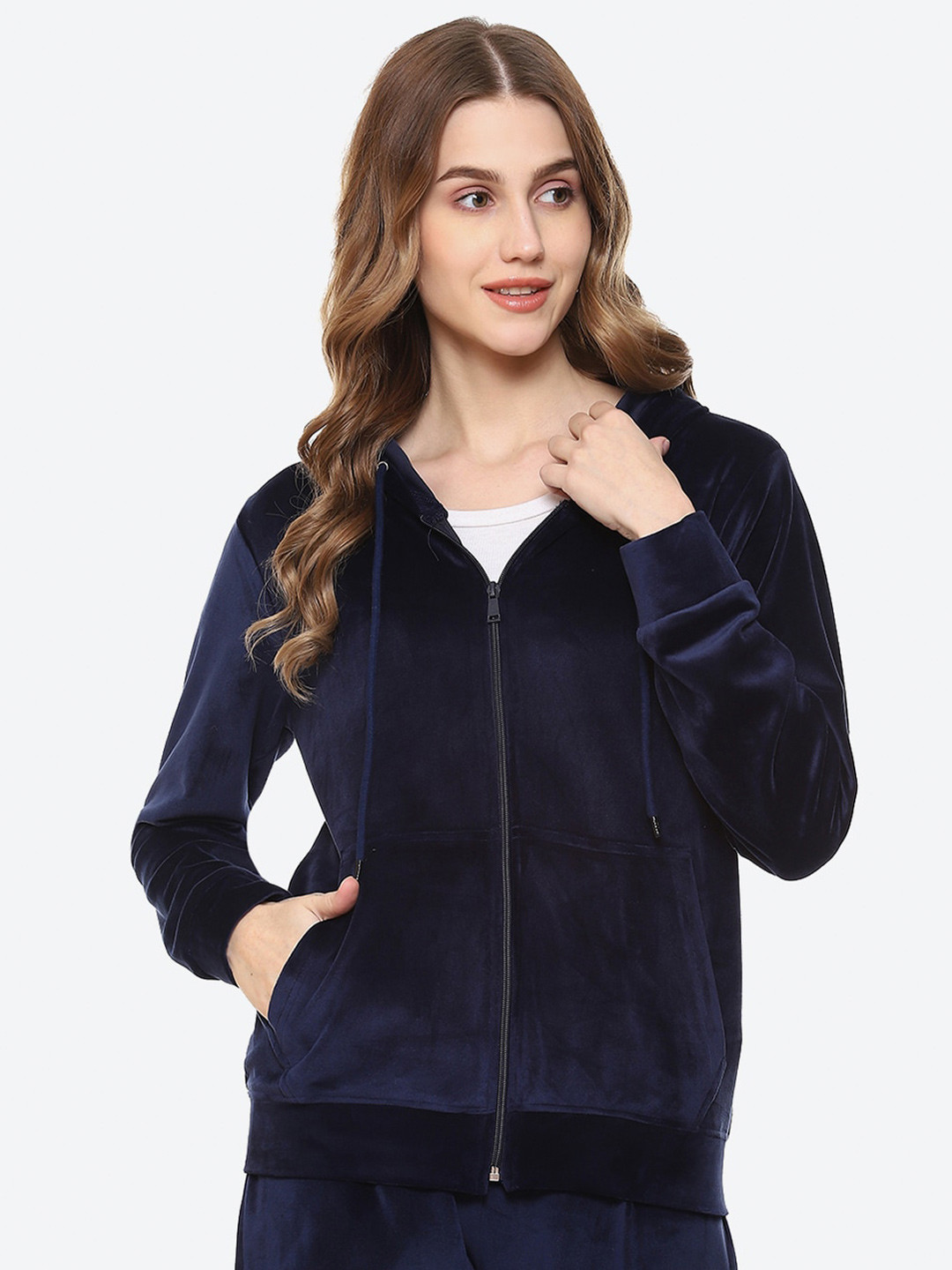 

2Bme Velour Hooded Front-Open Sweatshirt, Navy blue