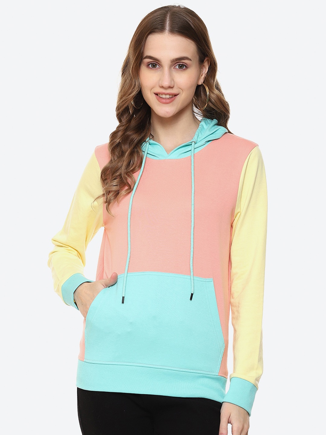 

2Bme Colourblocked Cotton Hooded Pullover Sweatshirt, Peach