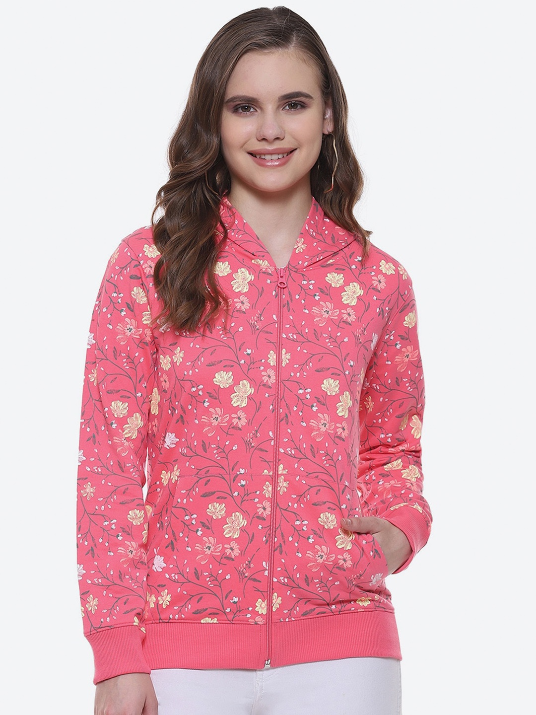 

2Bme Floral Printed Cotton Hooded Front-Open Sweatshirt, Pink